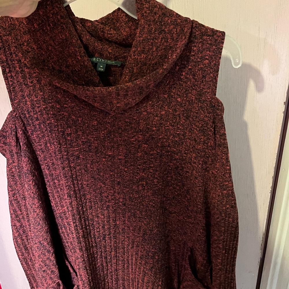 For Cynthia Maroon Cowl Neck Sweater Size Medium Cold Shoulder Tweed Design